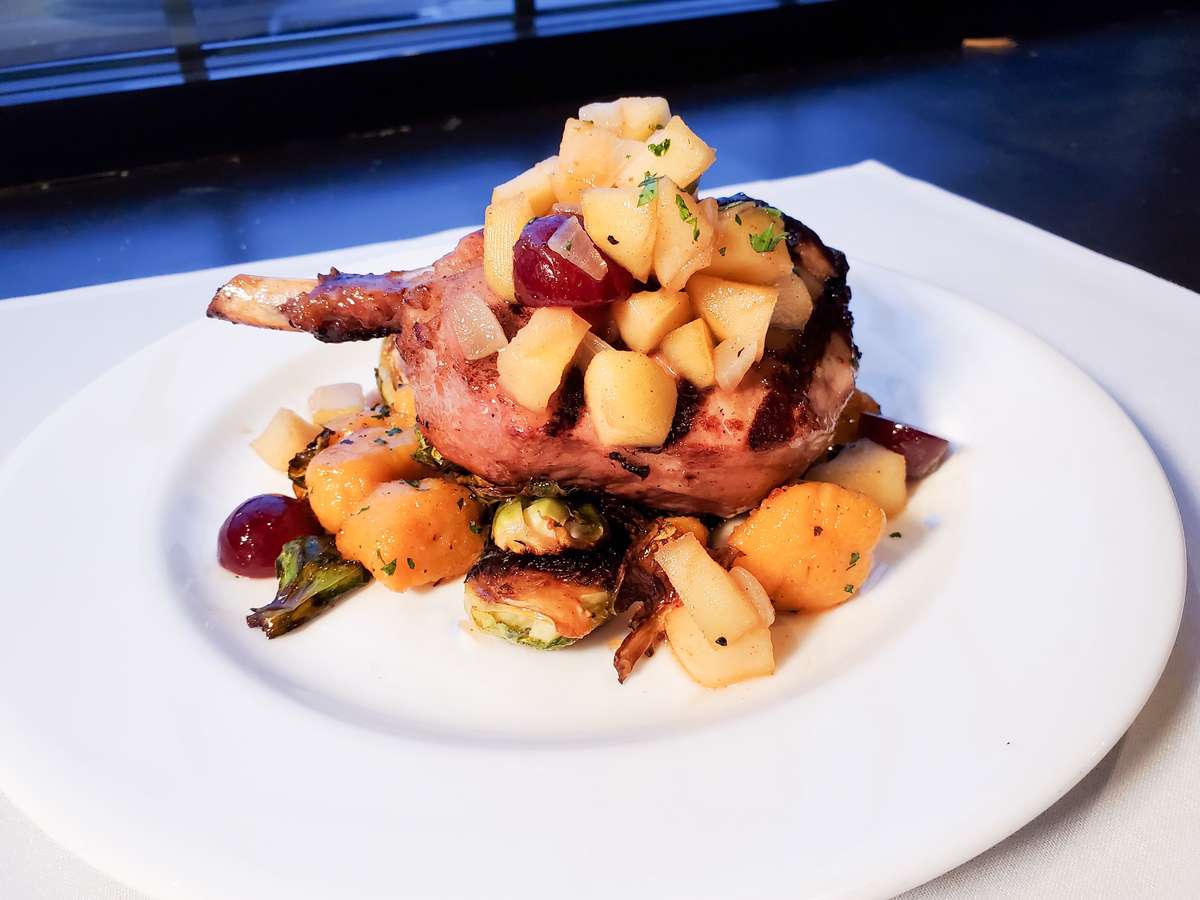 Apple Cider Brined, Whipped Sweet Potatoes, Roasted Brussel Sprouts with Pancetta and a Sweet Apple Chutney