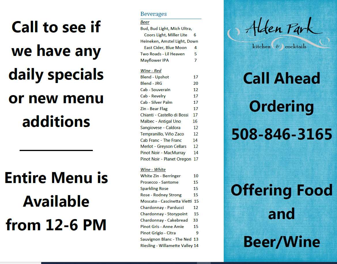 to Alden Park Alden Park American Restaurant in Plymouth, MA