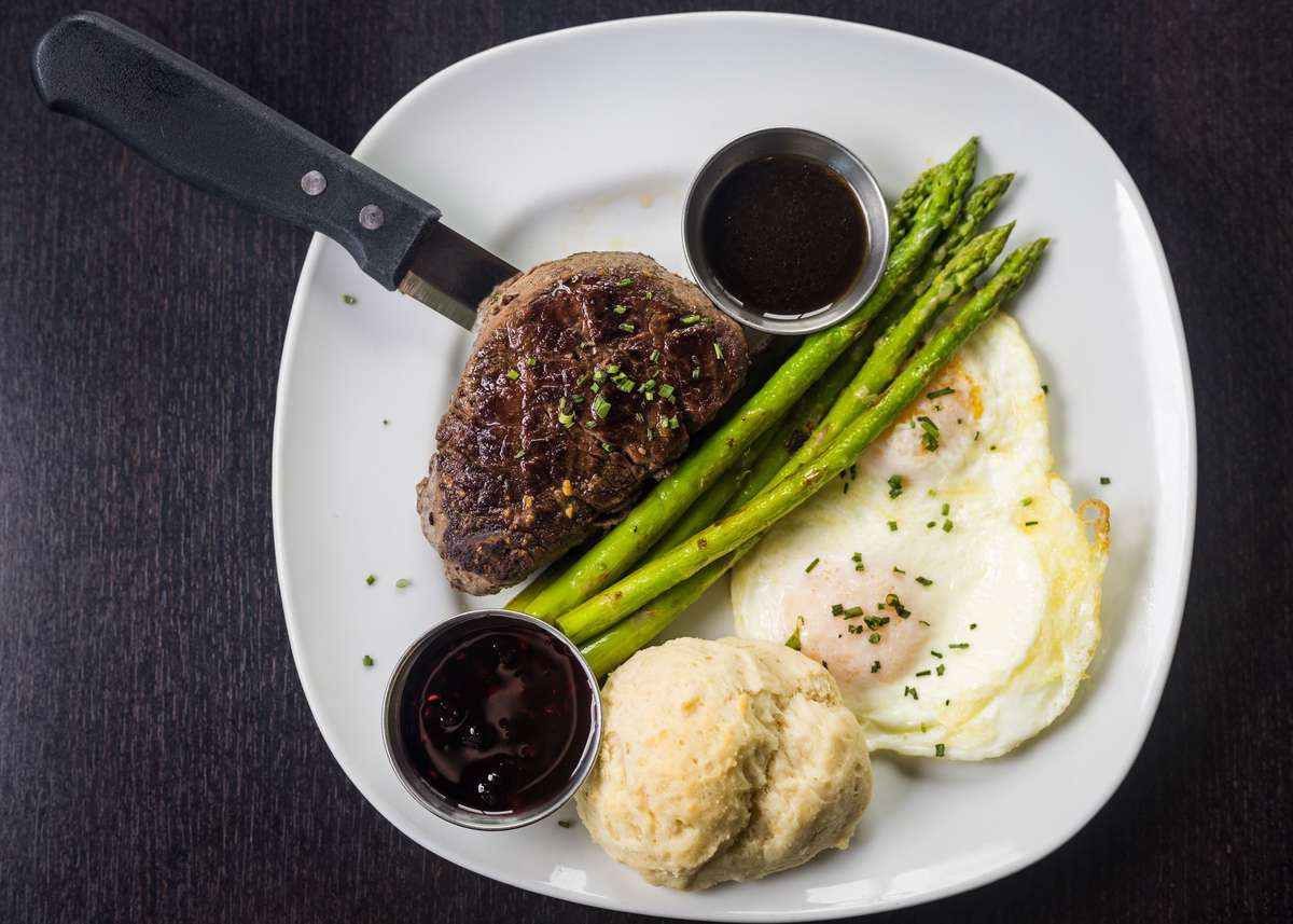 *Cowboy Grilled Filet Mignon w/ 2 Eggs, Potatoes, Asparagus & Homemade Worcestershire Sauce