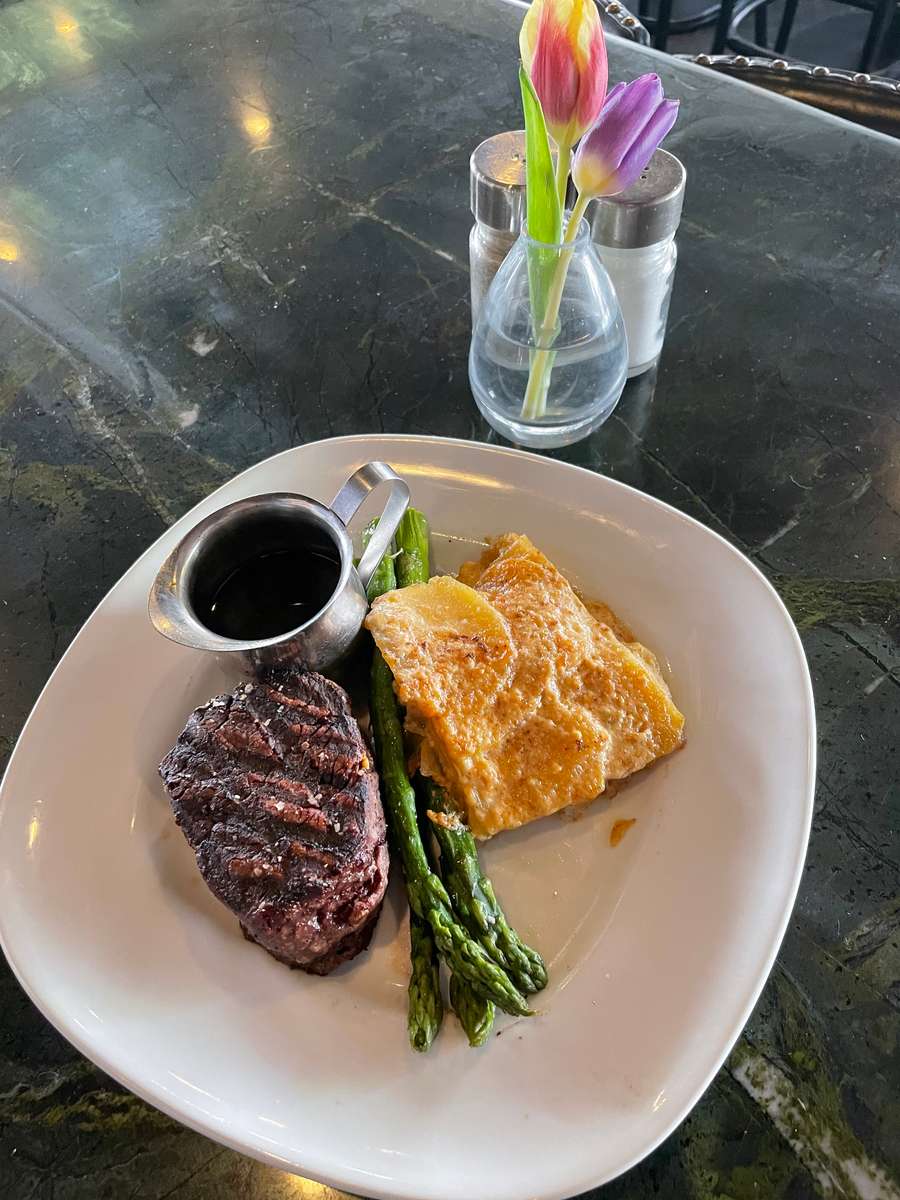 Cowboy Grilled Filet Mignon w/ Blue Cheese Potato Gratin, Asparagus, Homemade Worcestershire Sauce