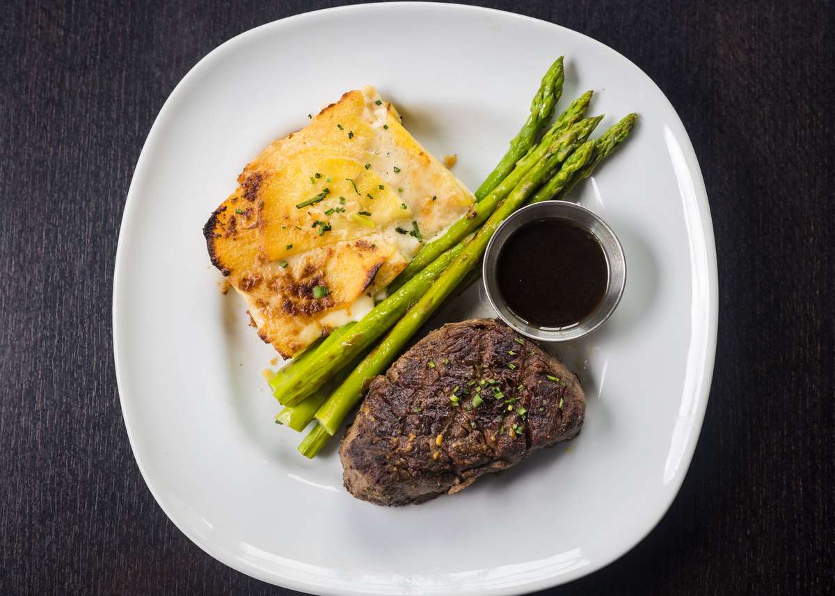 *Cowboy Grilled Filet Mignon w/ Roasted Gruyere Cheese Potato Gratin, Asparagus & Worcestershire Sauce