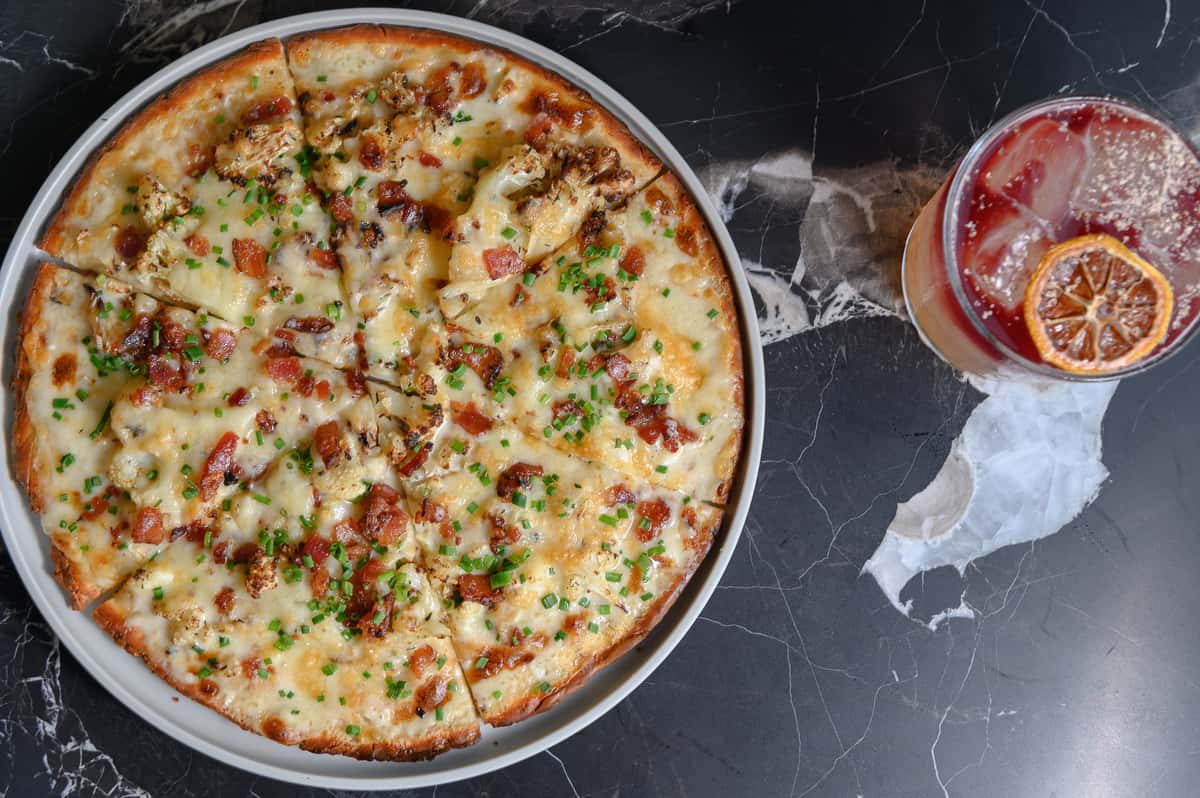 pizza and a cocktail