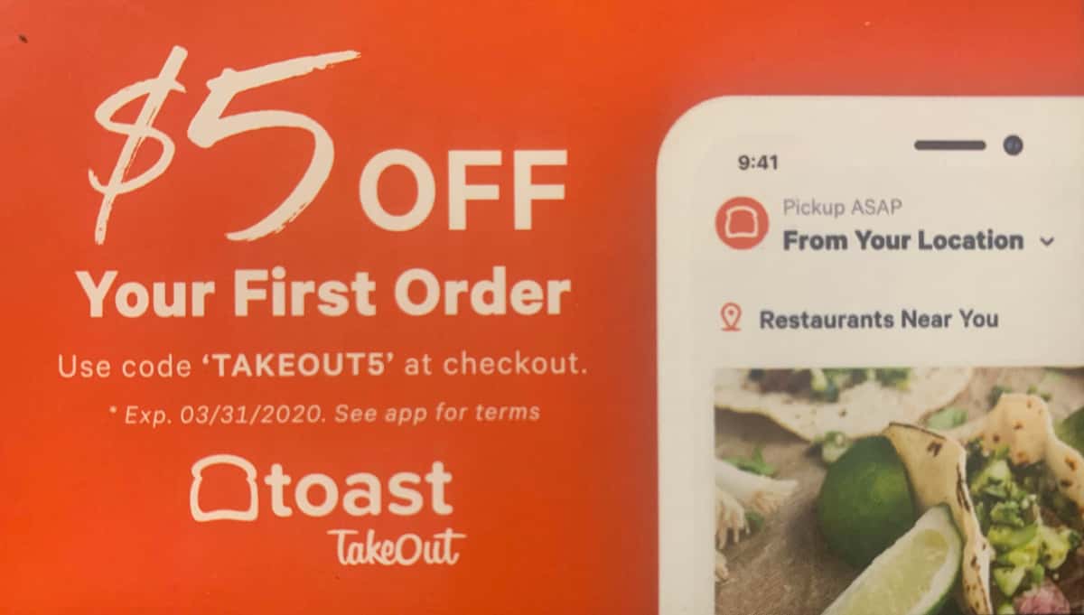 Order with the Toast Takeout app and get $5.00 off your first order!!