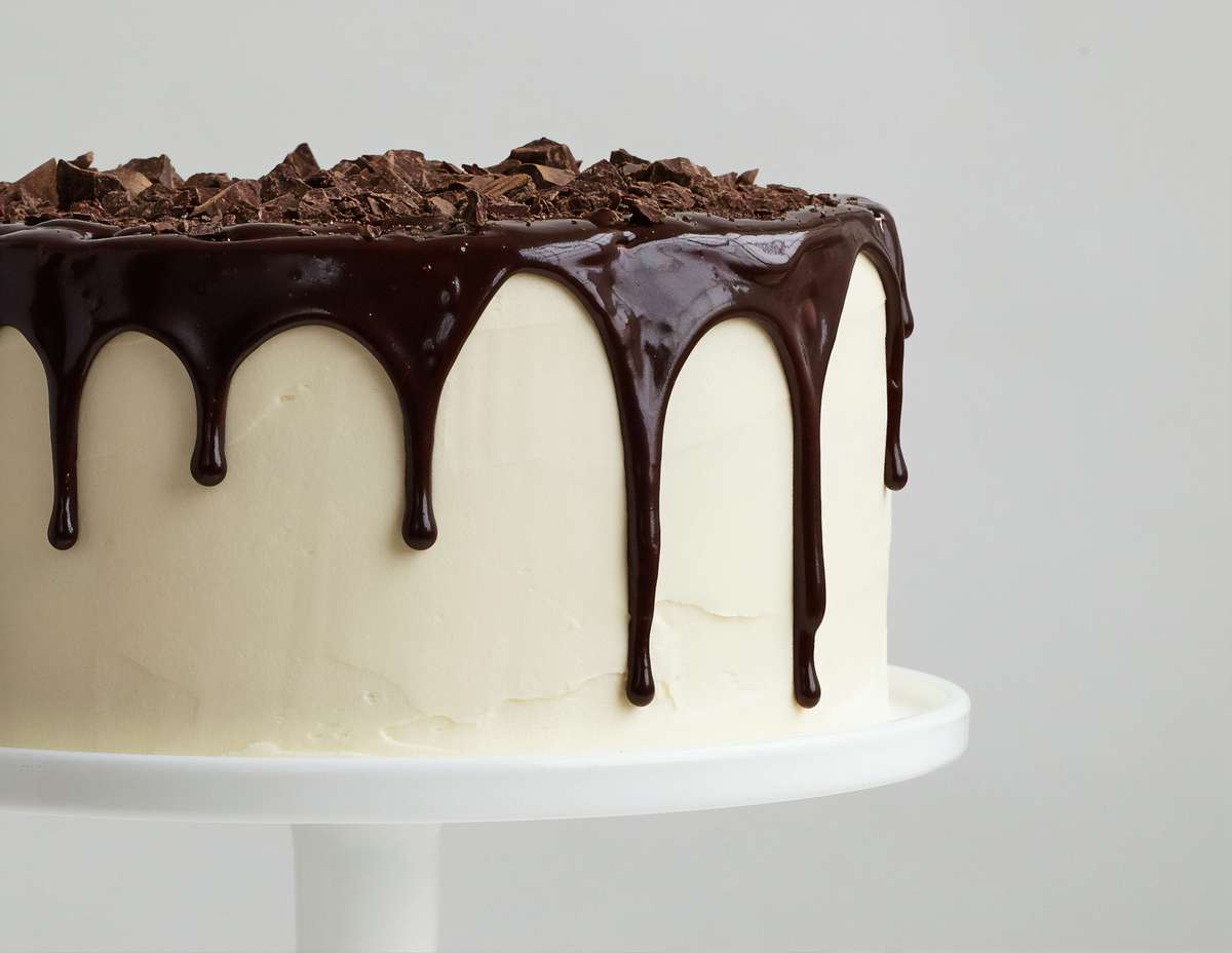 White cake with chocolate ganache