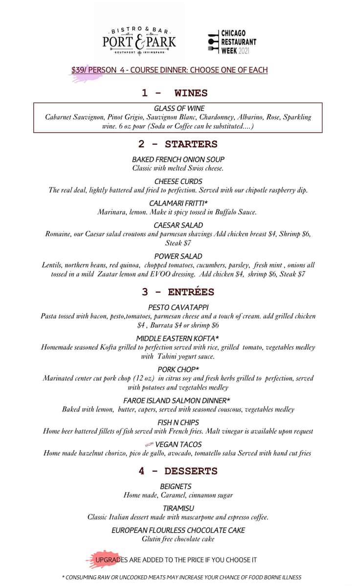 Prix Fixe Menu (Available at Dinner Hours Only) Port and park bistro