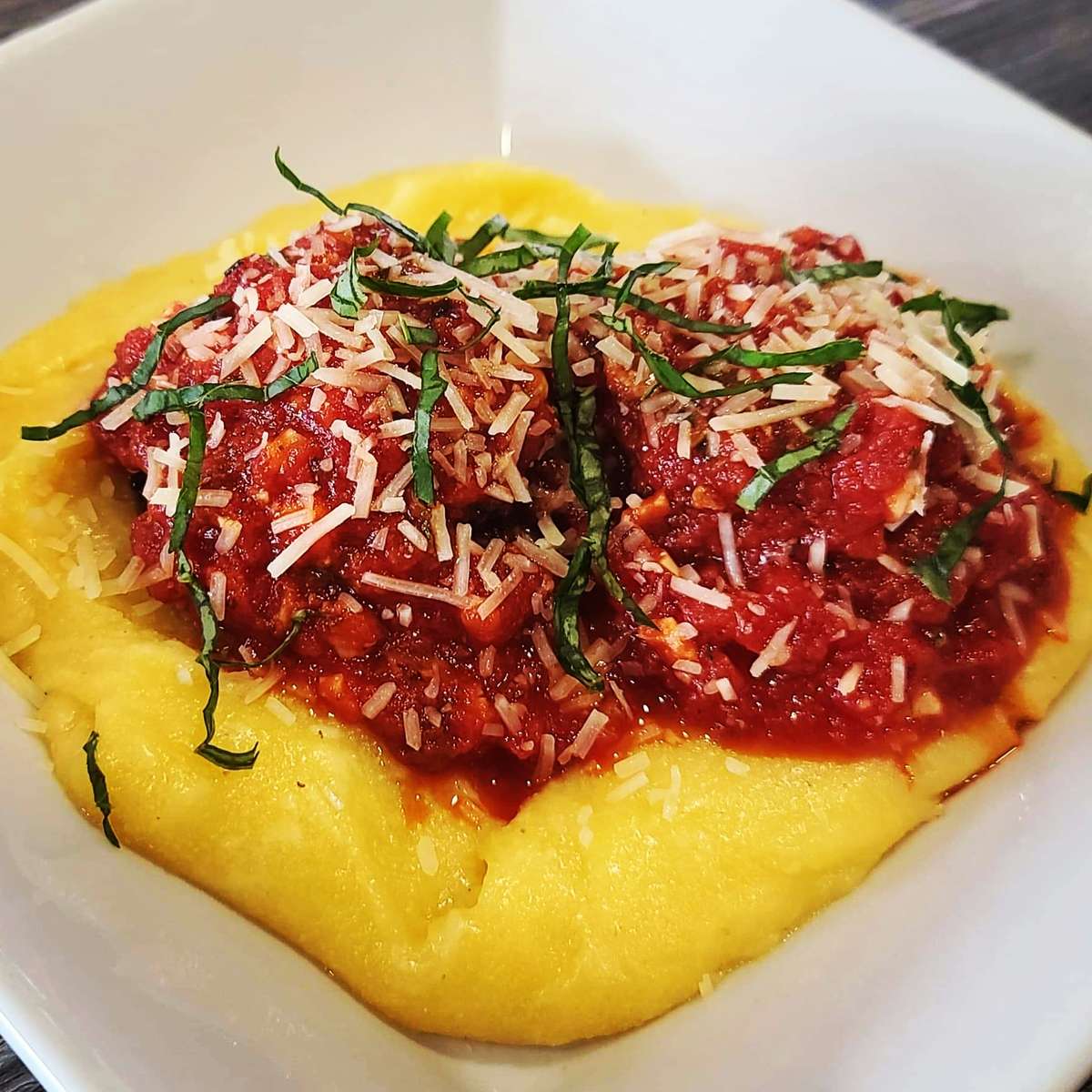 Hand Made Meatballs Slow Simmered Marinara Cheesy Polenta