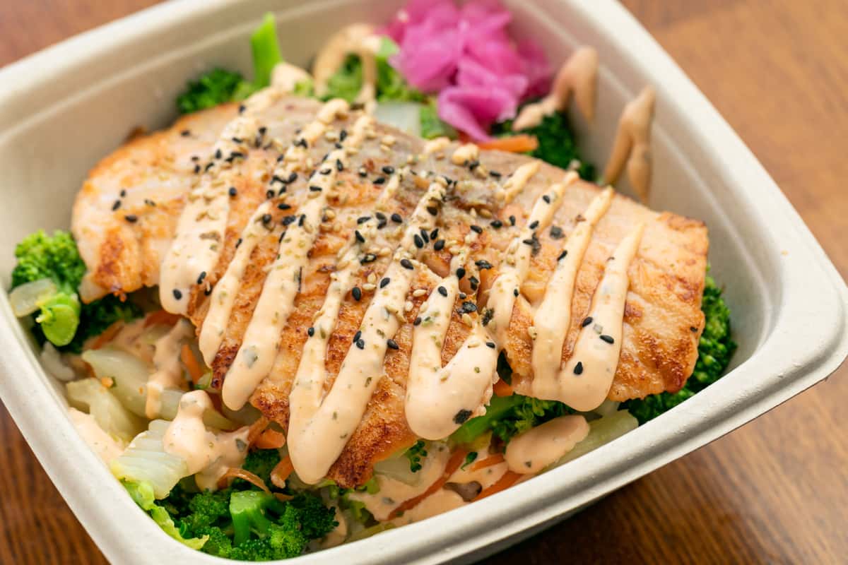 Miso Salmon with Spicy Mayo and Vegetables