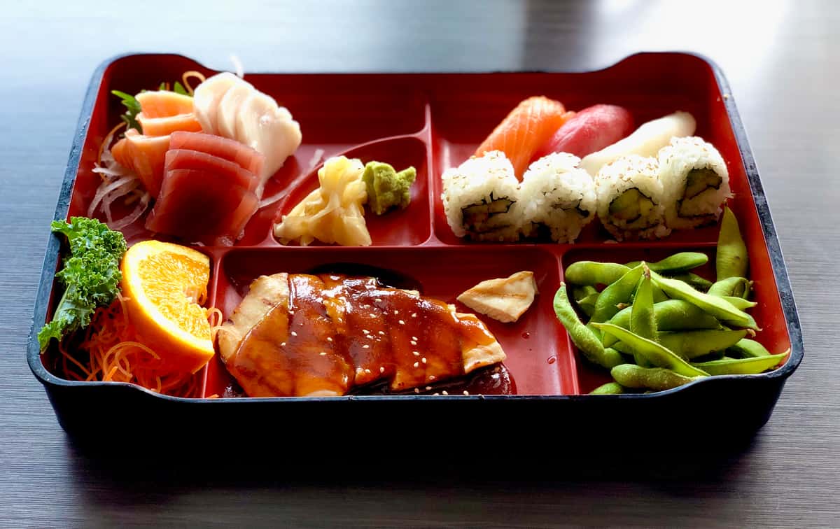 Chicken Teriyaki, California Roll (4 Pieces); Sushi (3 Pieces); Sashimi (9 Pieces)