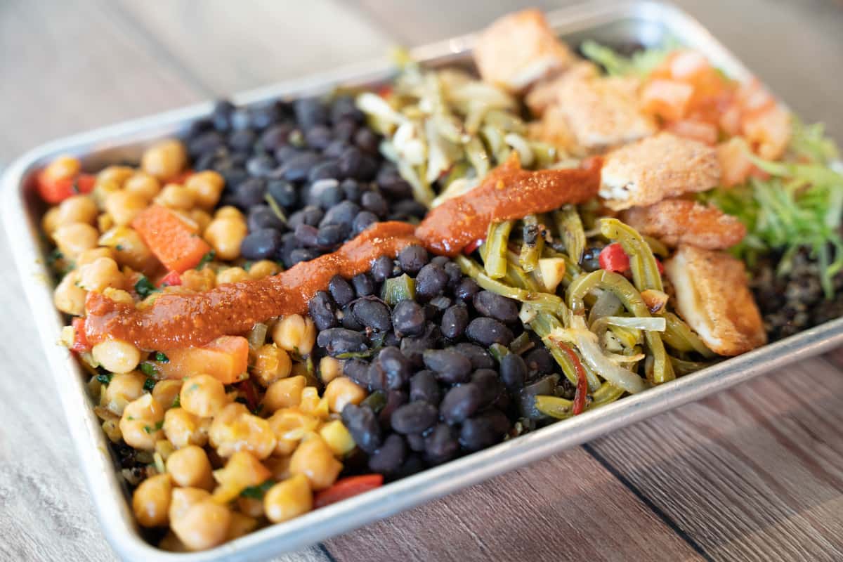rice, meats, beans, and salad