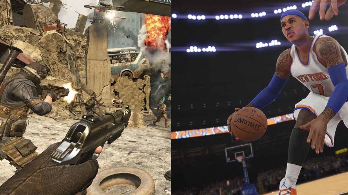Video game on left, basketball game on right