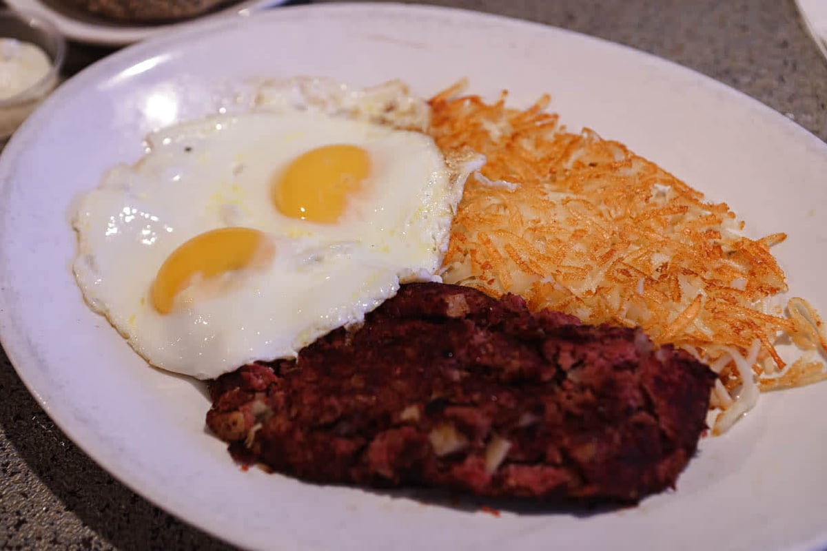 Corned beef hash and eggs Breakfast Manhattan in the Desert