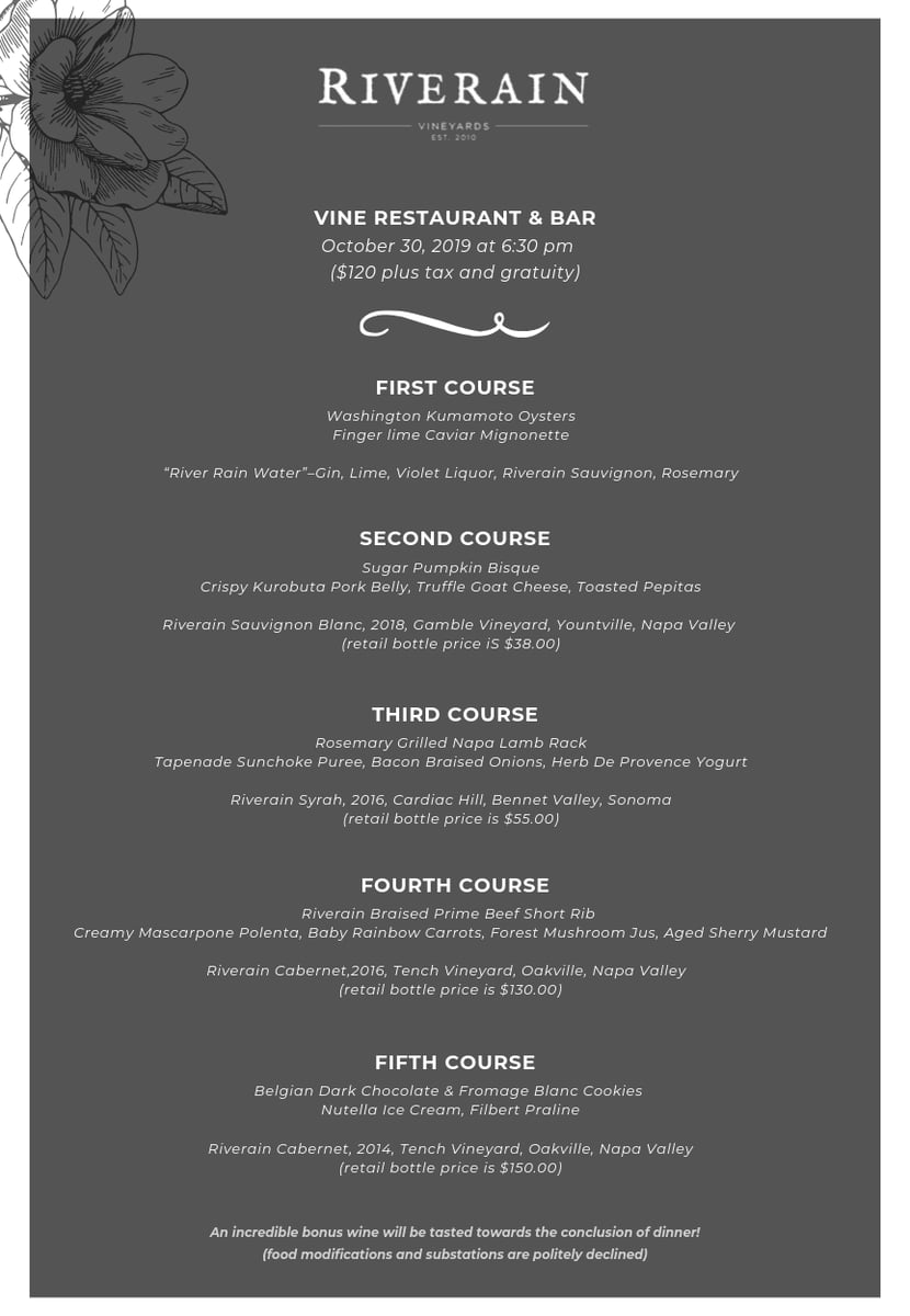 RIVERAIN WINE DINNER menu Vine American Restaurant in San Clemente, CA
