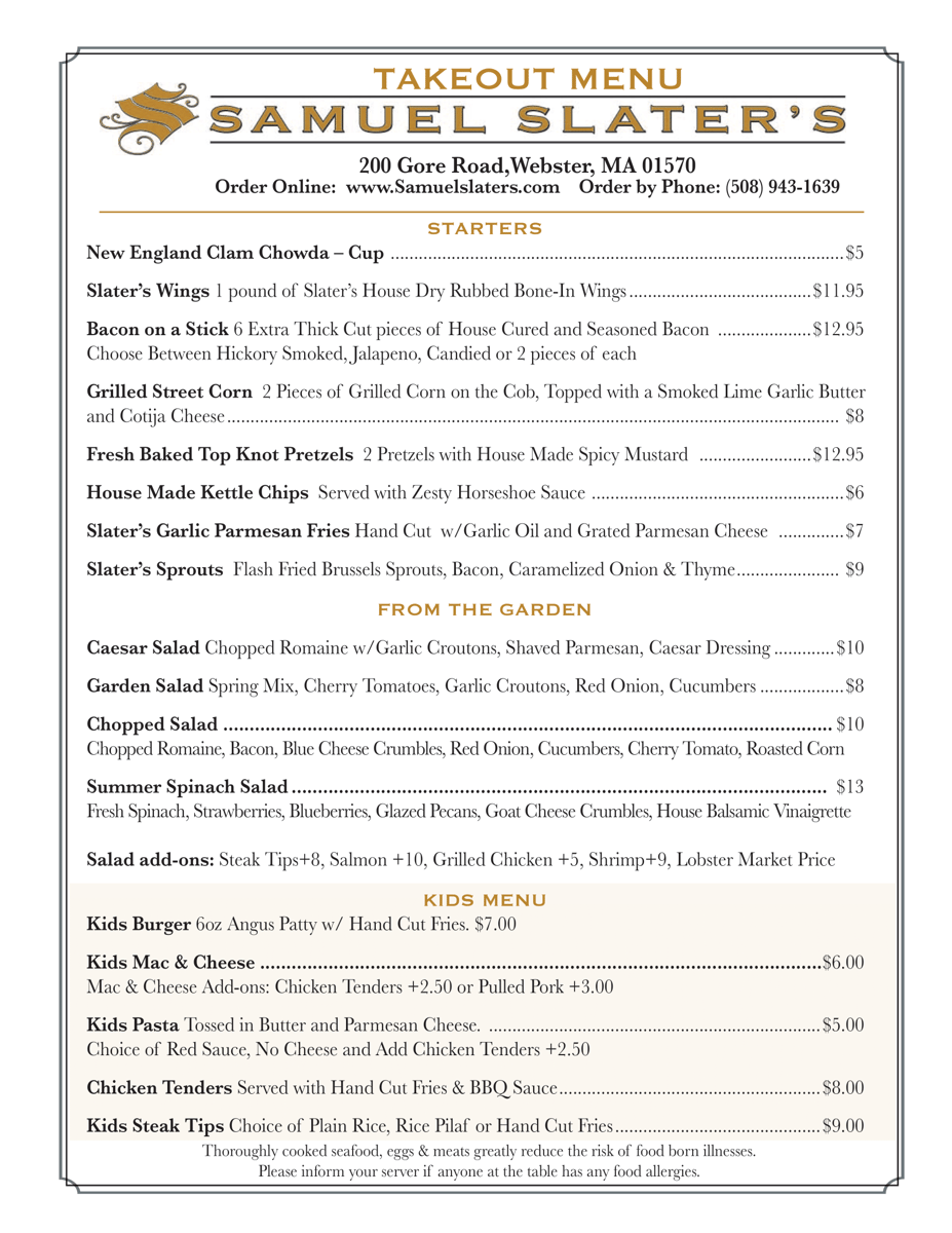 Menus Samuel Slater's Restaurant Restaurant in ster, MA