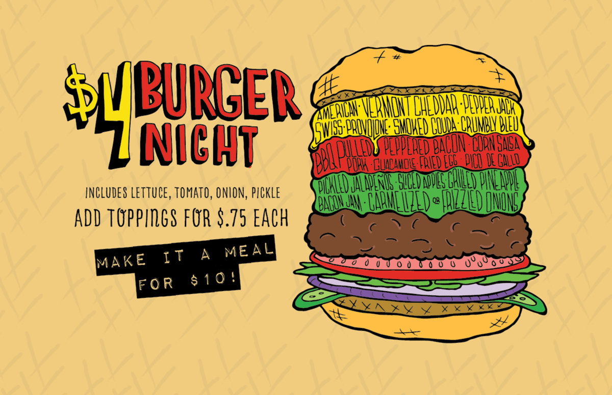 $4 burger night includes lettuce, tomato, onion, pickle - add toppings for 75¢ each - make it a meal for $10
