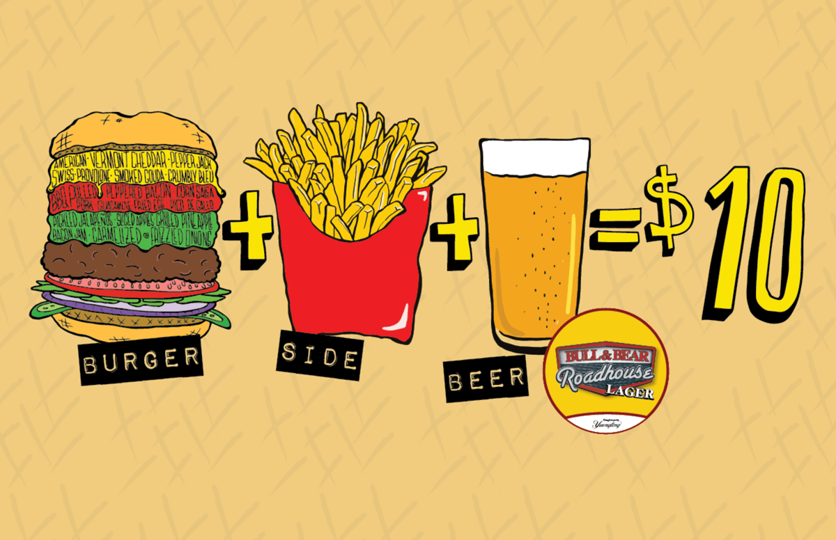 burger + side + beer = $10