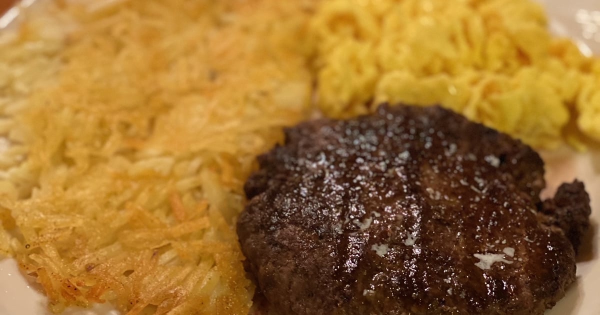 Ground Beef Patty and Eggs Breakfast Menu Rainbow Oaks American