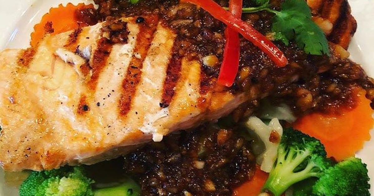 Grilled Fresh Salmon with Garlic Sauce-GF - Menu - Emporium Thai: Thai