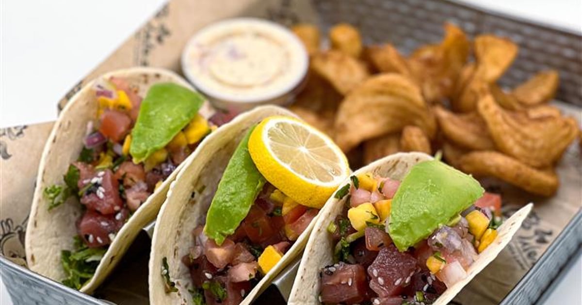 Tuna Poke Tacos* Food Menu Fish Tales Restaurant in Flowery