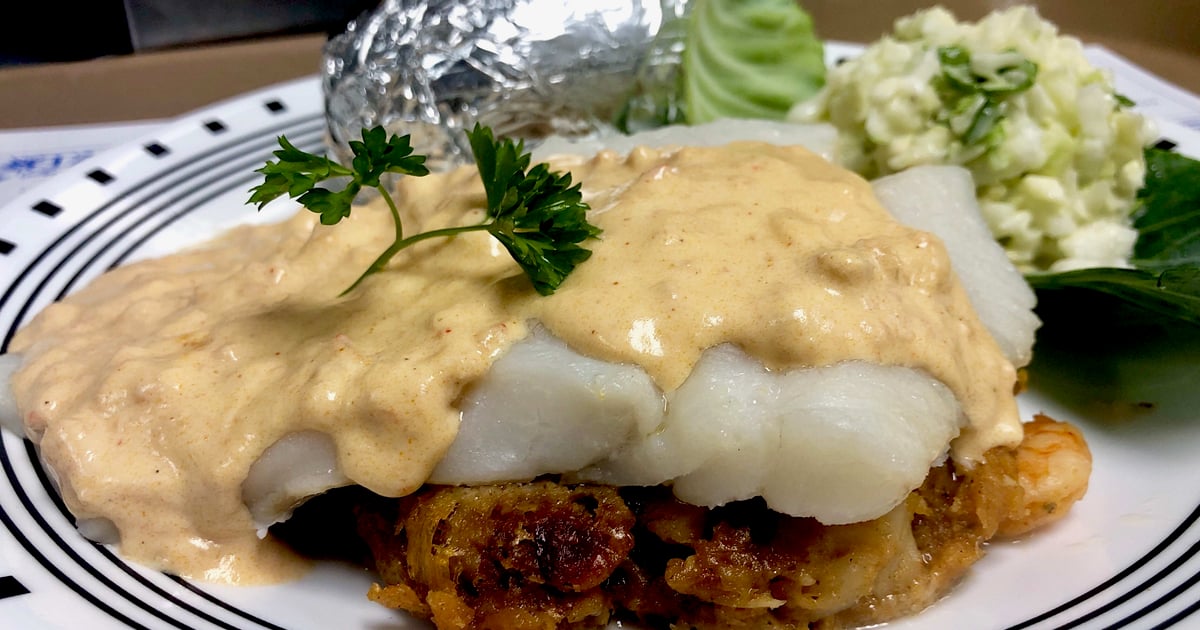 Baked Stuffed Haddock Platter Main Menu Seafood Sam's, Cape Cod, MA