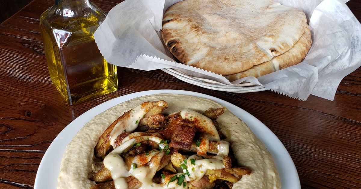 Hummus with Chicken Gyro - To Go Menu - Allan's Falafel - Mediterranean ...