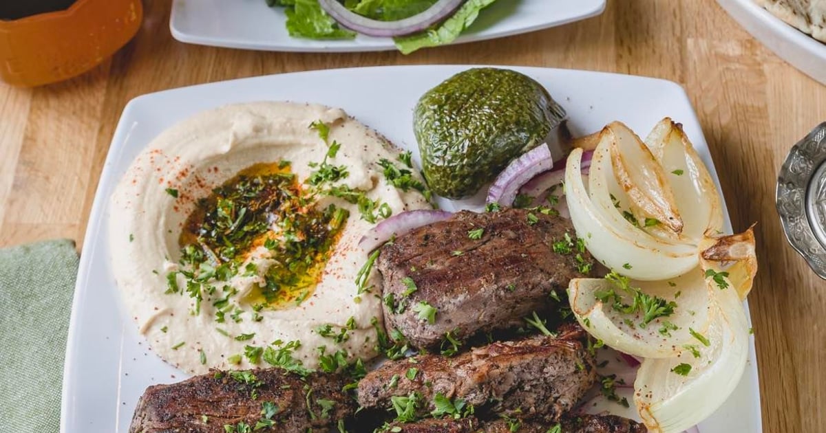Steak Kabob plate Menu Byblos Express Greek and Lebanese