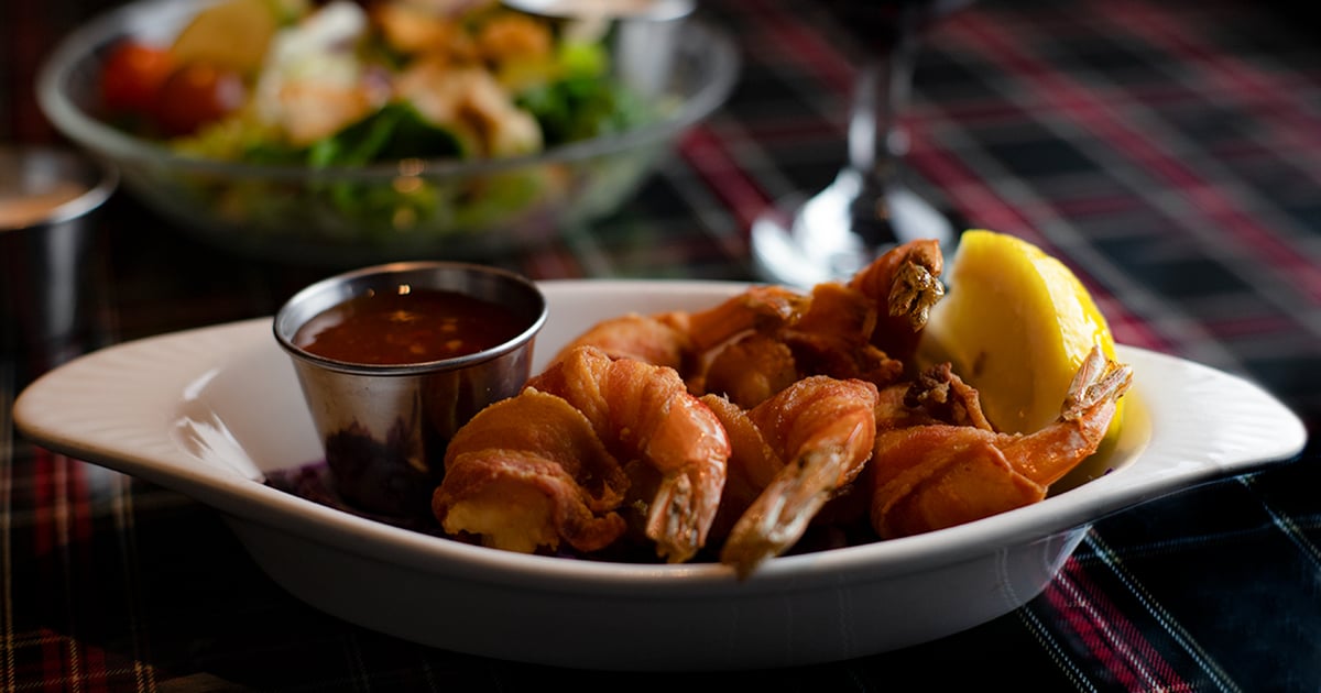 Bacon Wrapped Shrimp Tartan Room Steak