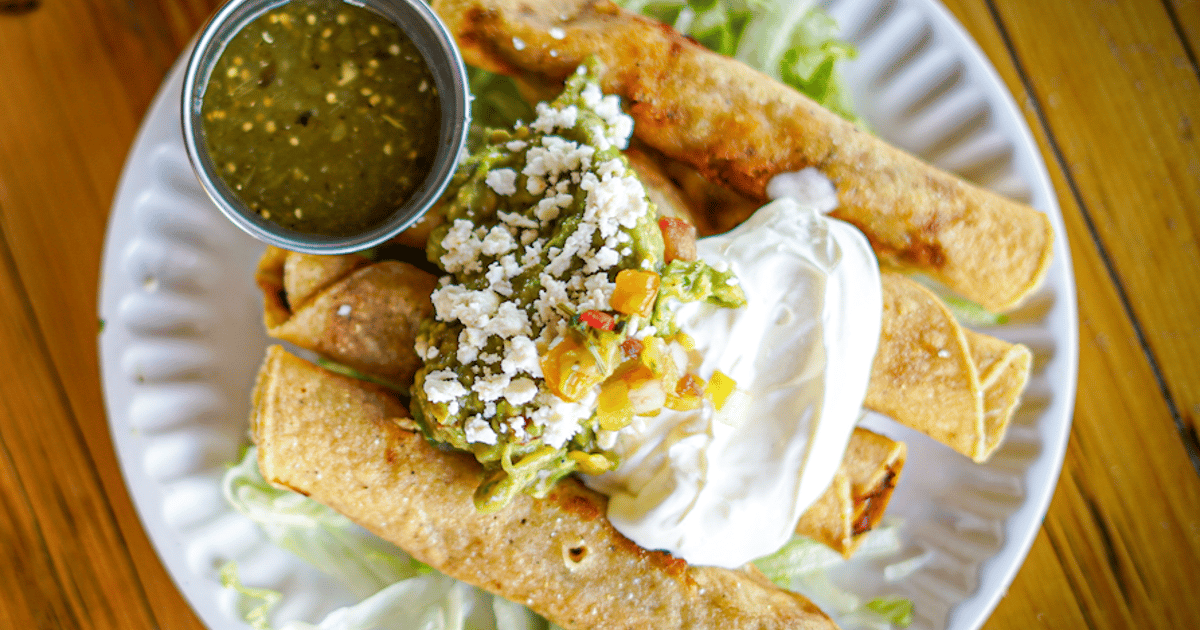 Four Smoked Chicken Flautas ALL DAY Menu Brother John's Beer