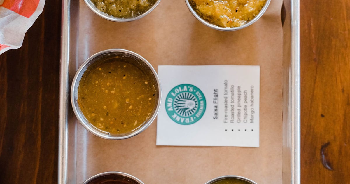 Chips and a Flight of Five Salsas Menu Frank and Lola's