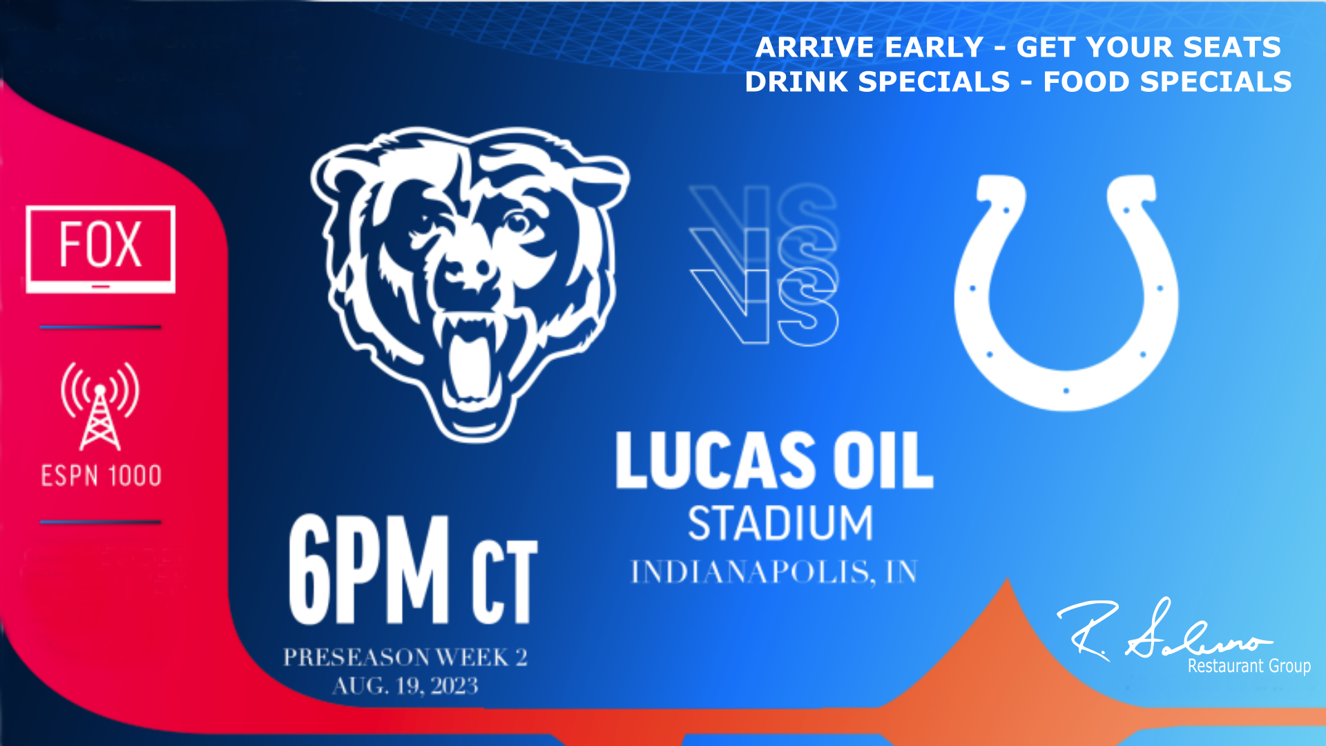 Bears-Colts Preseason Week 2 Game - Evviva! Bar & Eatery - Serving  Salerno's Pizza