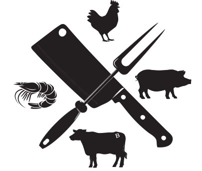 Knife and fork design with shrimp, chicken, pig, and cow images