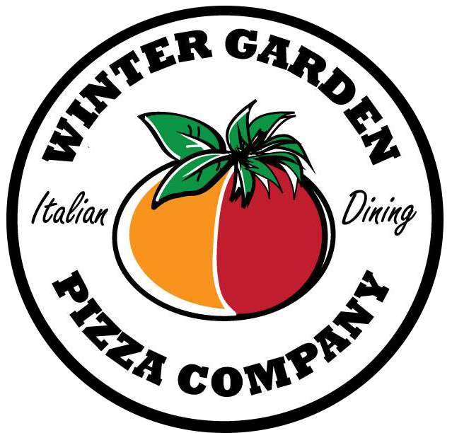 Illustrated red and gold tomato with green leaves circled by the text "Winter Garden Pizza Company Italian Dining"