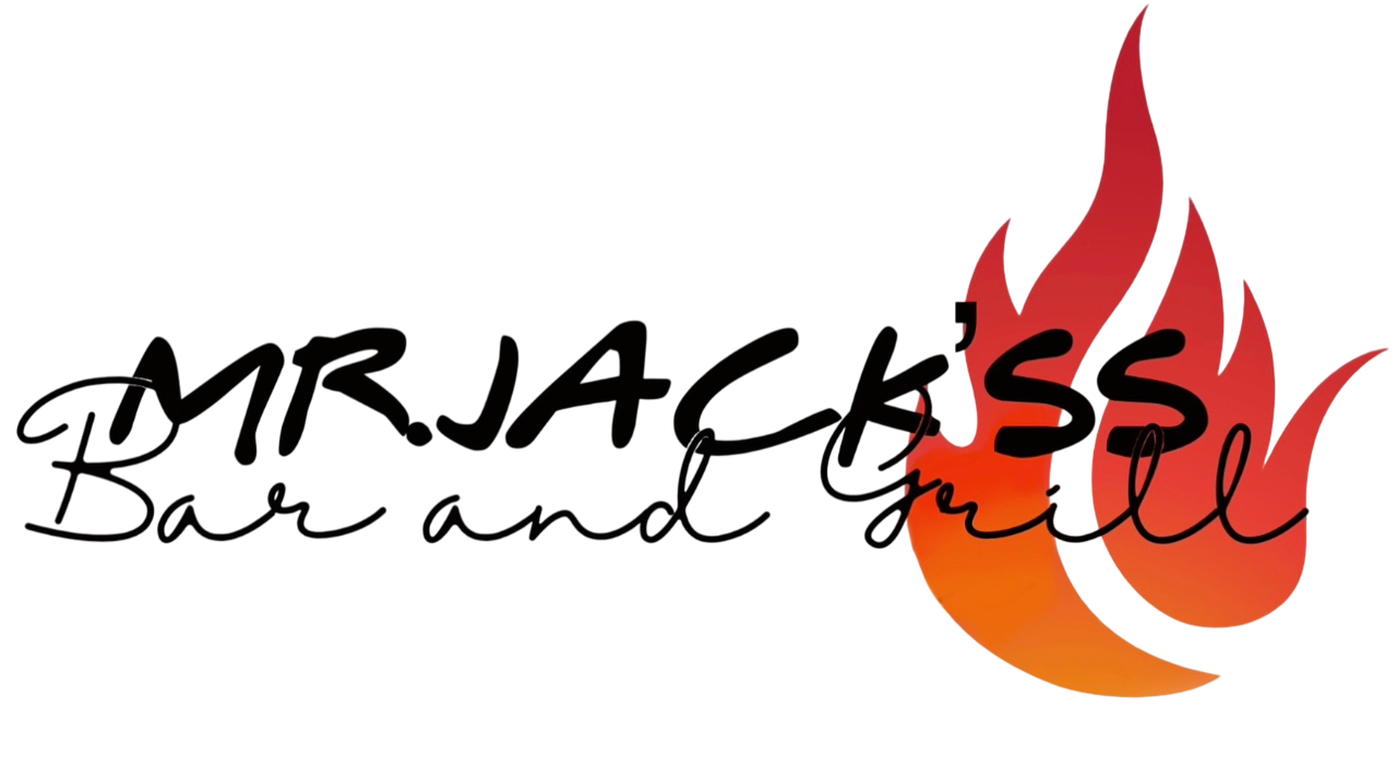 Mr. Jack's Bar and Grill logo with a flame that fades from orange to red, indicating the restaurant's specialty. The text "MR.JACK'S Bar and Grill" is displayed on the logo.