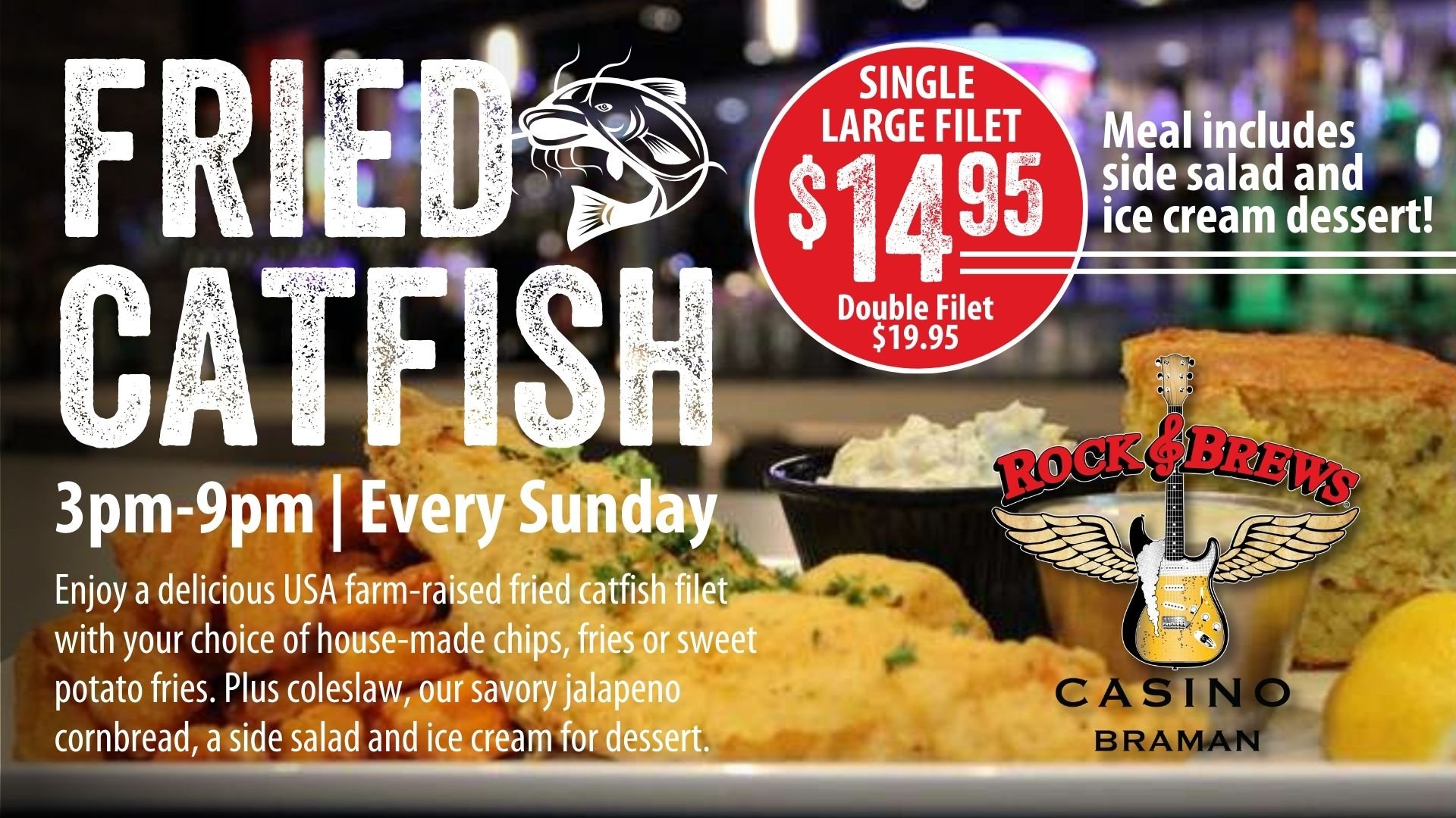 Fried Catfish Meal Rock & Brews Casino Braman Casino & American
