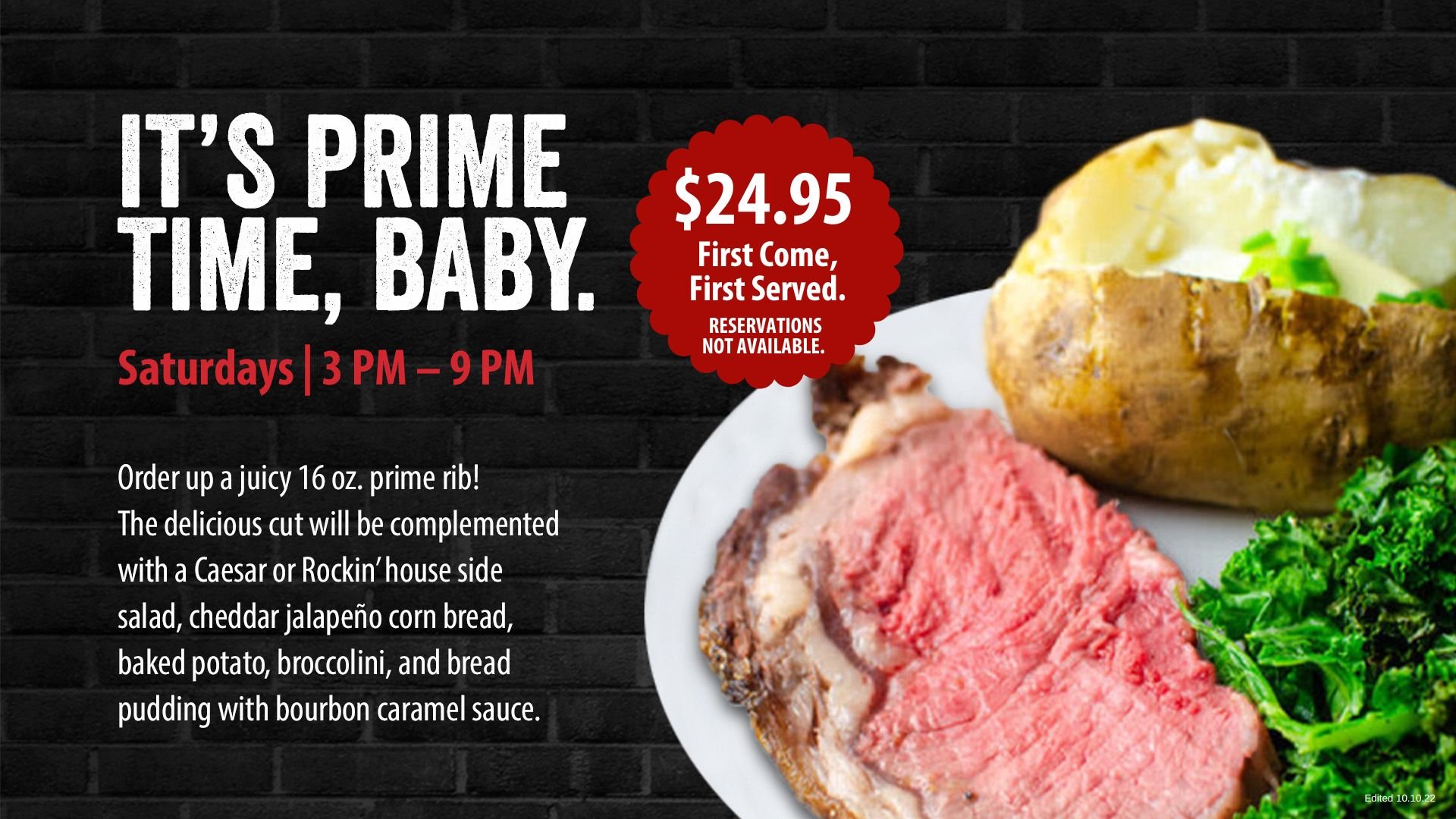 16oz Prime Rib Saturday! Rock & Brews Casino Braman Casino
