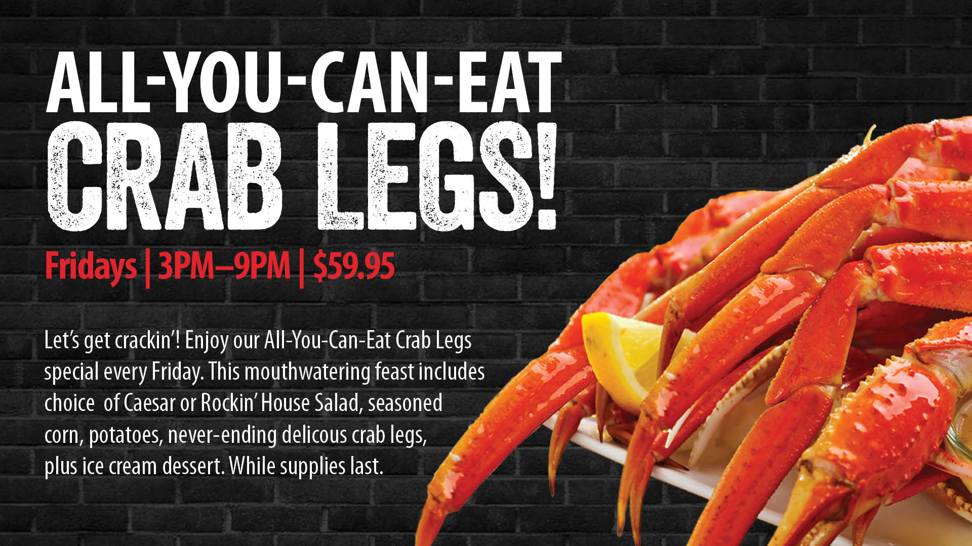 All-You-Can-Eat Crab Legs! - Rock & Brews Casino Braman - Casino & American Restaurant in Braman, OK