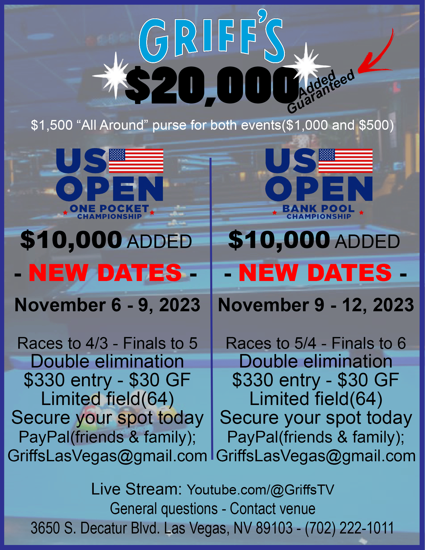 US Open One Pocket Griff's Bar & Billiards Las Vegas, NV