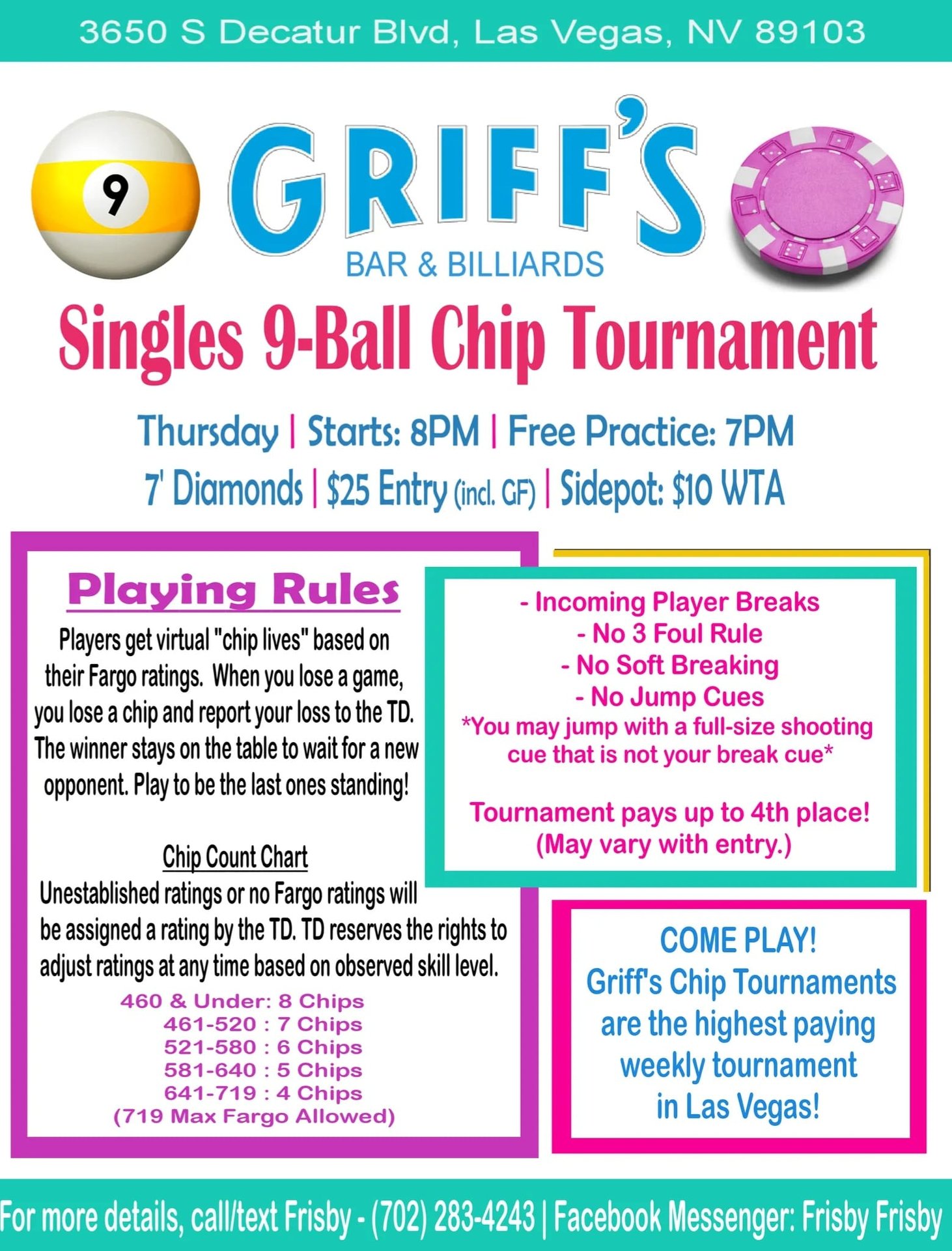 Thursday Singles 9Ball Chip Tournament Griff's Bar & Billiards Las Vegas, NV