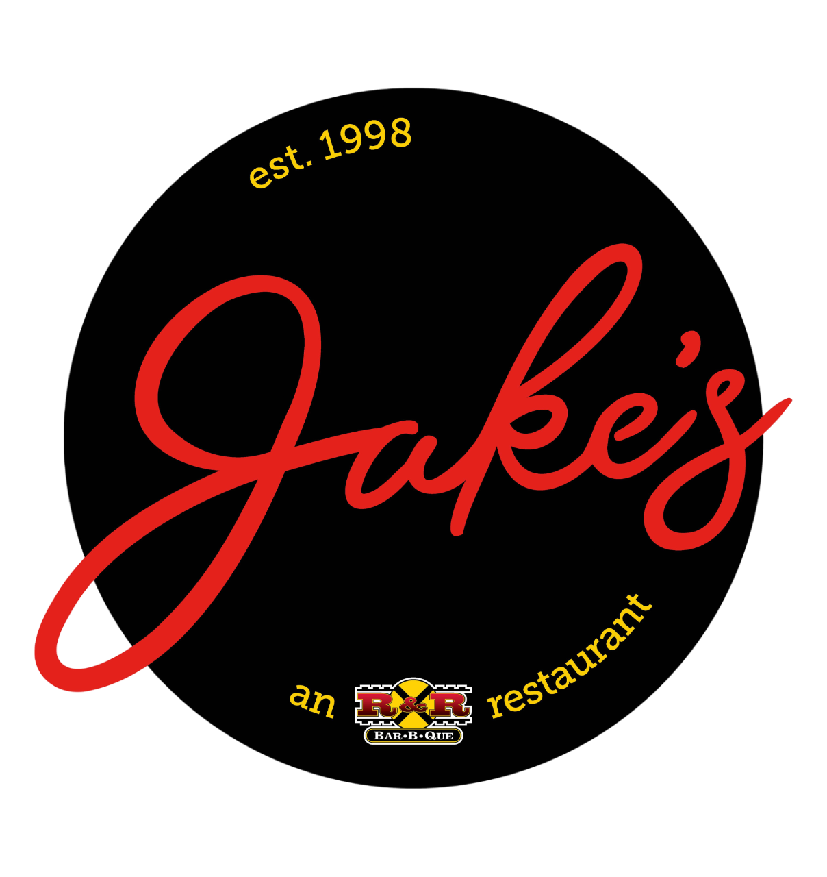 Here's the logo for Jake's an R&R Bar-B-Que restaurant. The logo consists of a red script "Jake's" on a black circle, with the text "est. 1998" and "an R&R restaurant BAR-B-QUE".