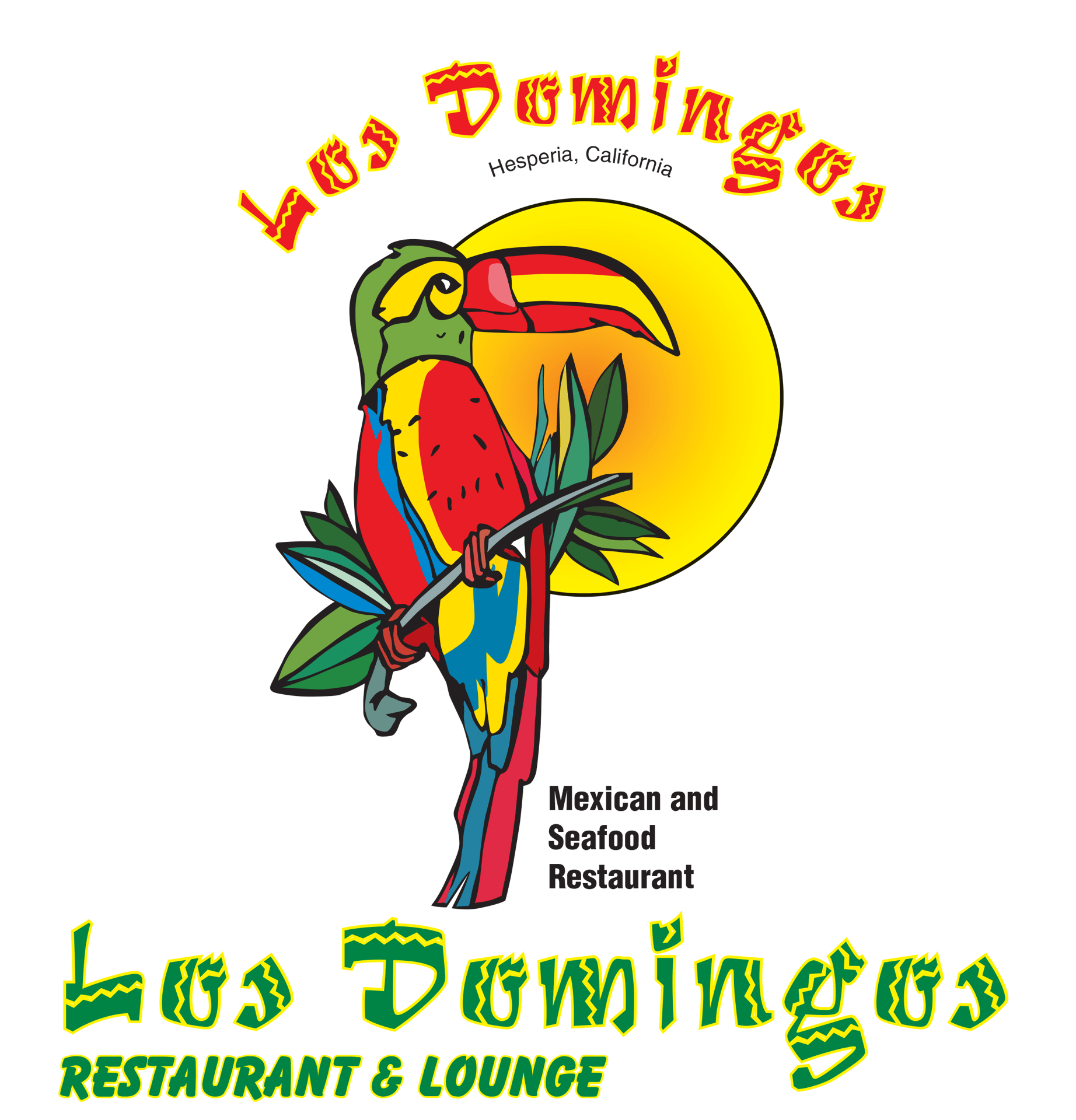 Logo illustration of a parrot sitting on a branch infront of the sun surrounded by text that says Los Domingos Mexican and Seafood Restaurant
