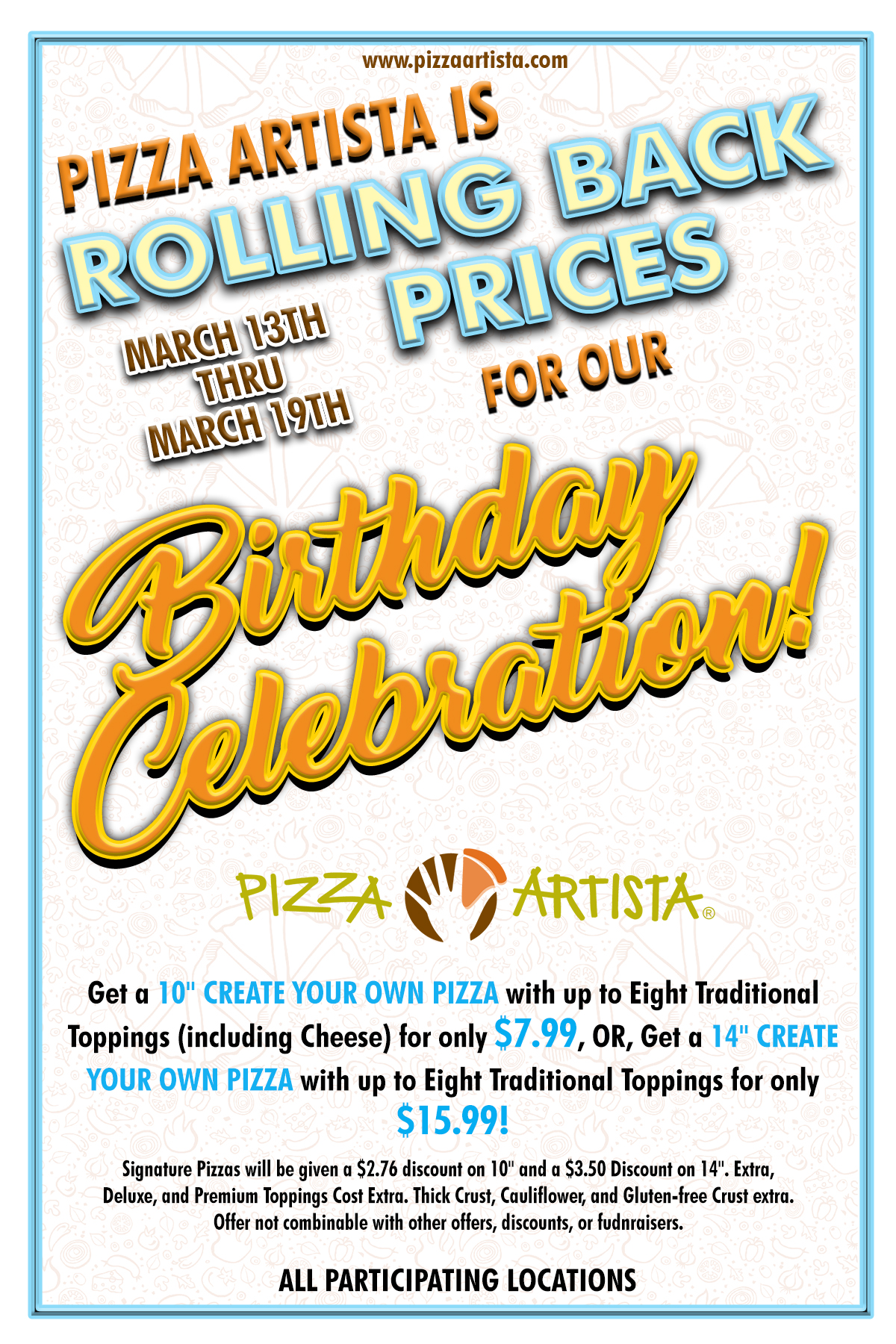 We are Rolling Back our Prices! Pizza Artista and Pizza Amore