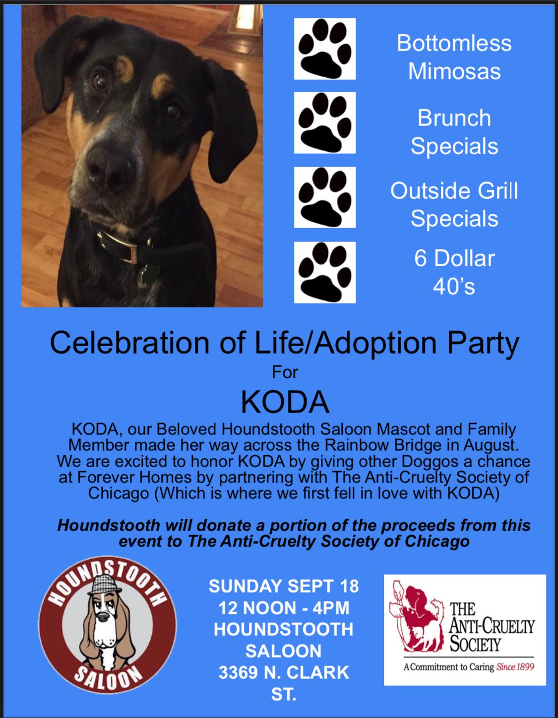 ANTI CRUELTY FUNDRAISER & ADOPTION EVENT - Houndstooth Saloon - Bar & Grill  in Chicago, IL