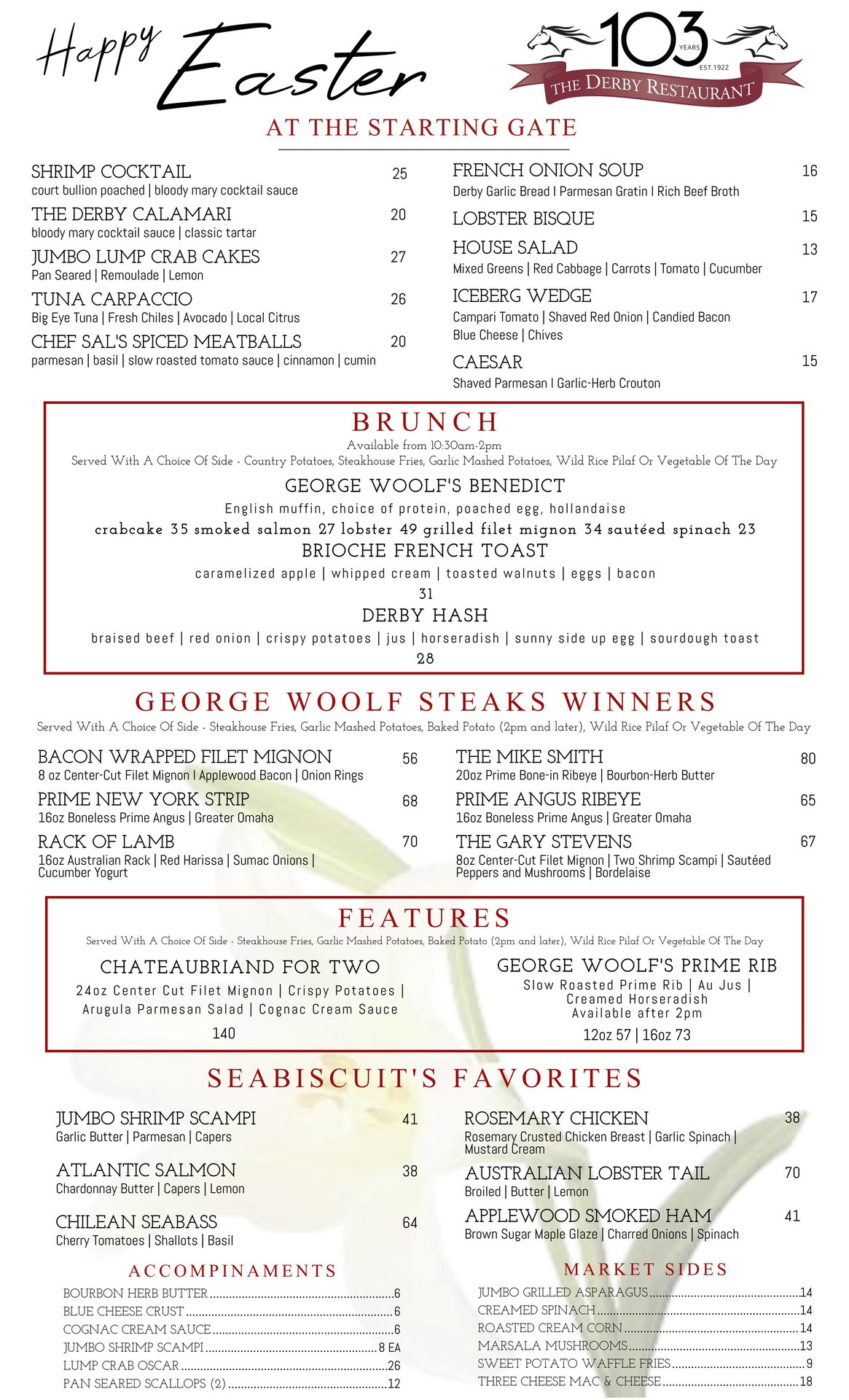 the Derby's menu for Easter 