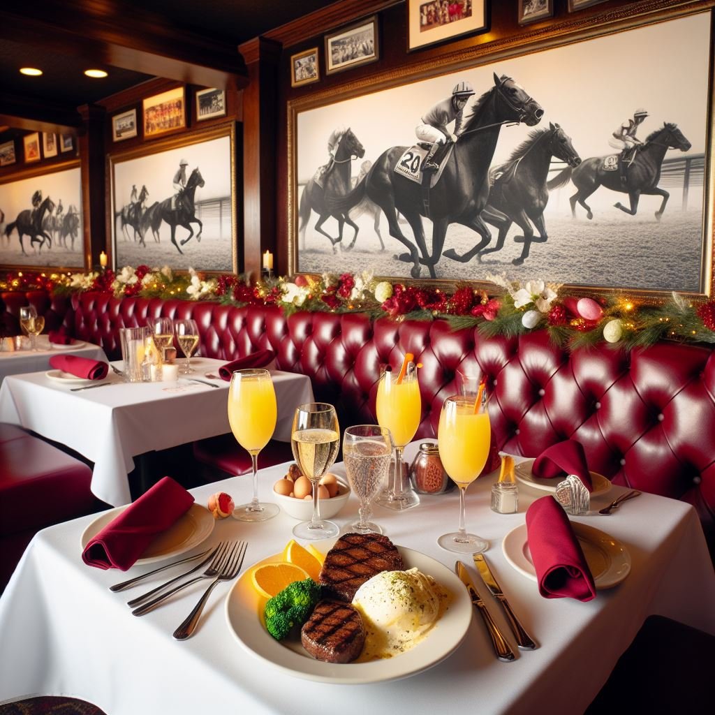 red leather booths at the Derby set with food and with horse racing photographs behind them 