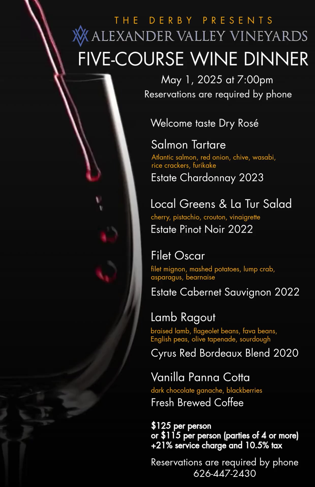 Wine Dinner Menu for the Derby with Alexander Valley Vineyards 