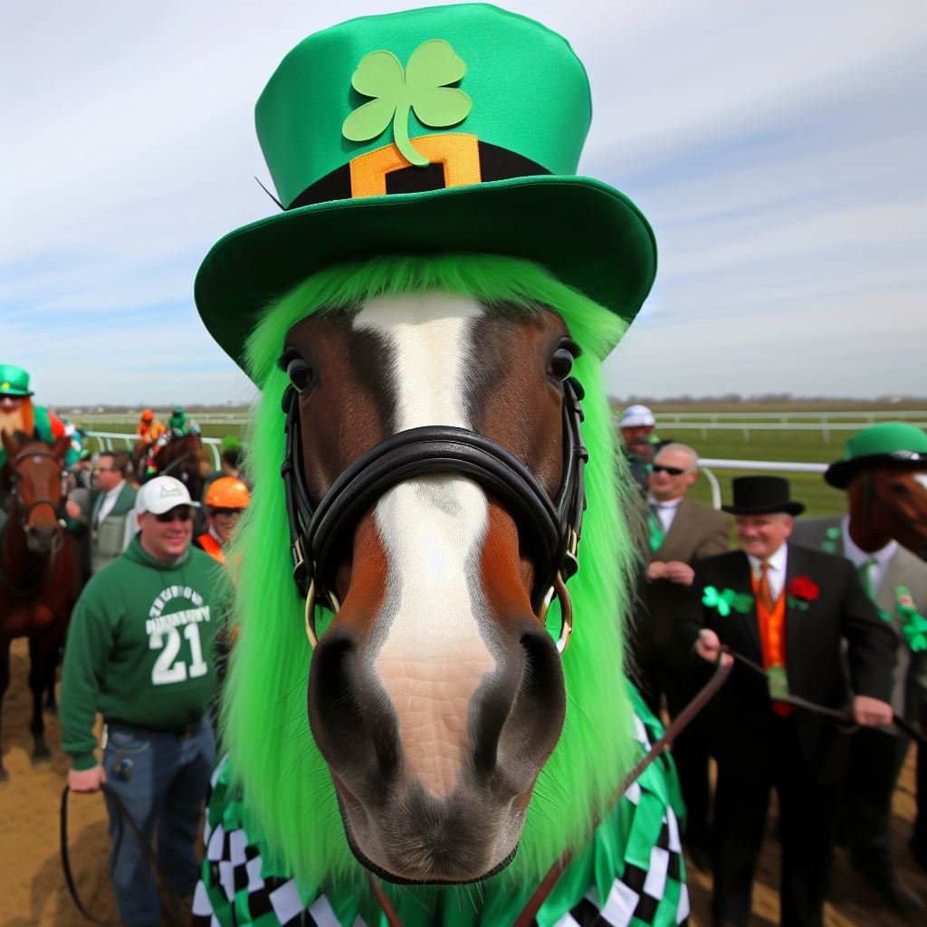 a funny picture of a racehorse wearing a green wig and green tophat with a shamrock on it 
