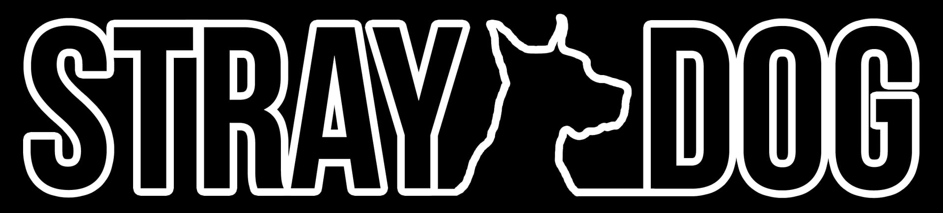 Black and tall lettering with a thick, bold white outline that spell out Stray Dog with a silhouette of a great dane in between the two words