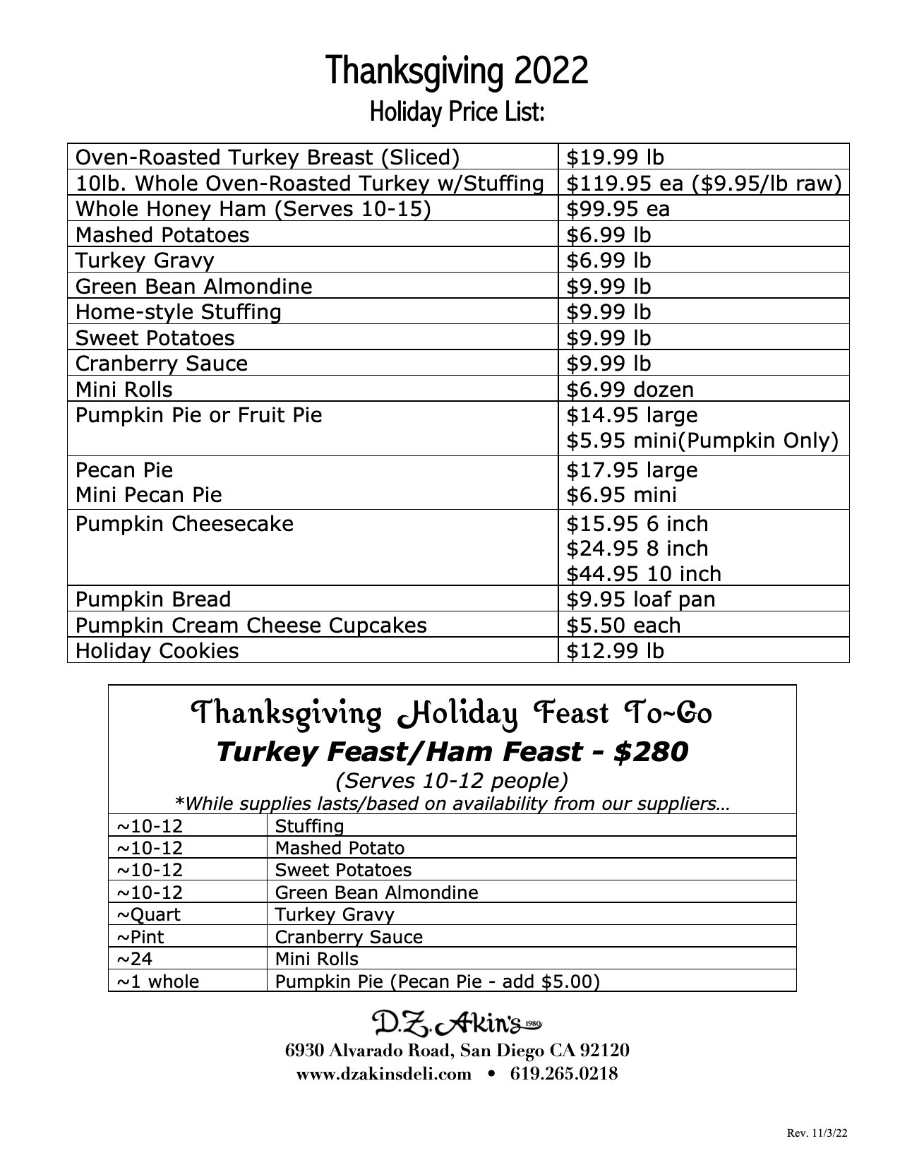 Thanksgiving Price List D.Z. Akin's Restaurant