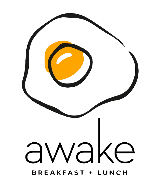 sunny side up egg logo on top of awake breakfast & lunch letters