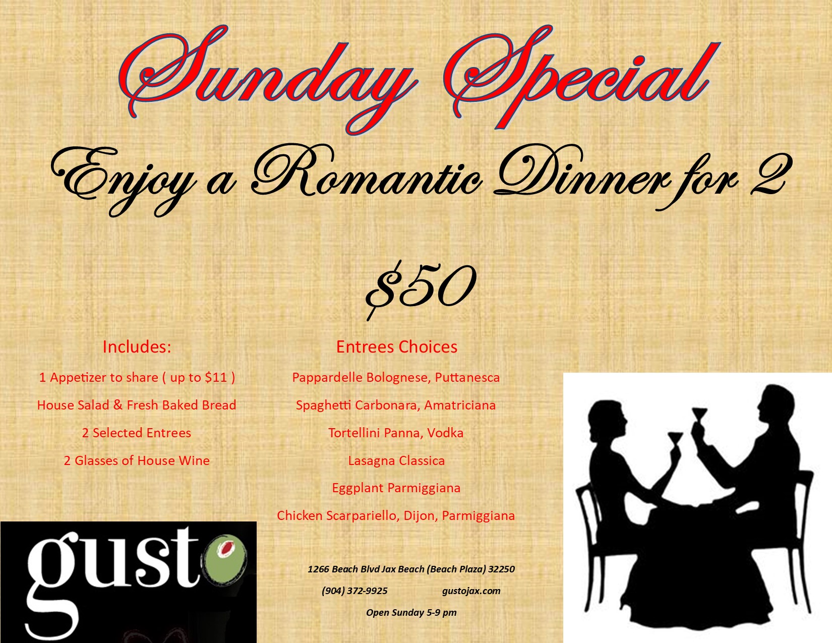 Romantic Dinner for Two At Gusto - Gusto “A Taste Of Rome “ - Italian
