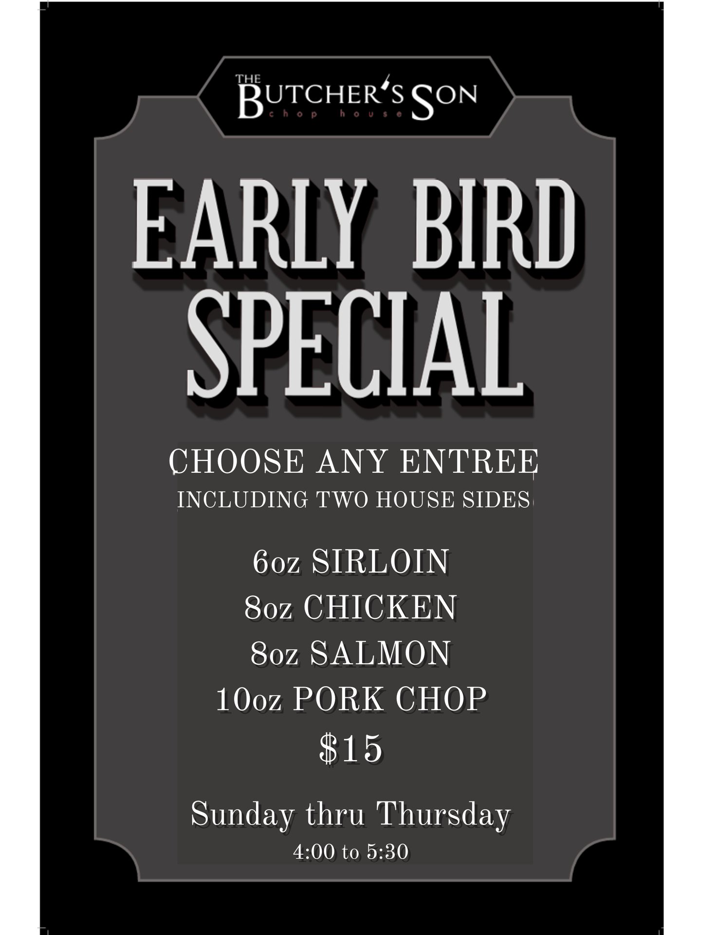 Early Bird menu - The Butcher's Son